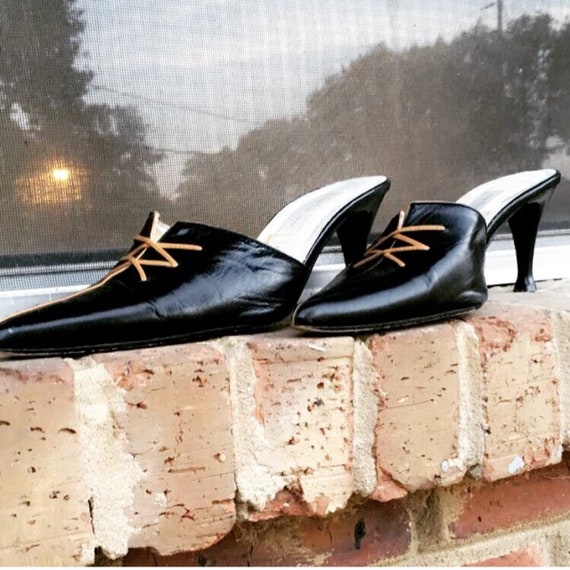 Black kitten heel slides with camel laces details