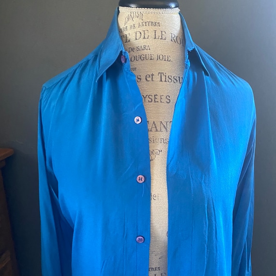 Blue silk long sleeve blouse - image 8