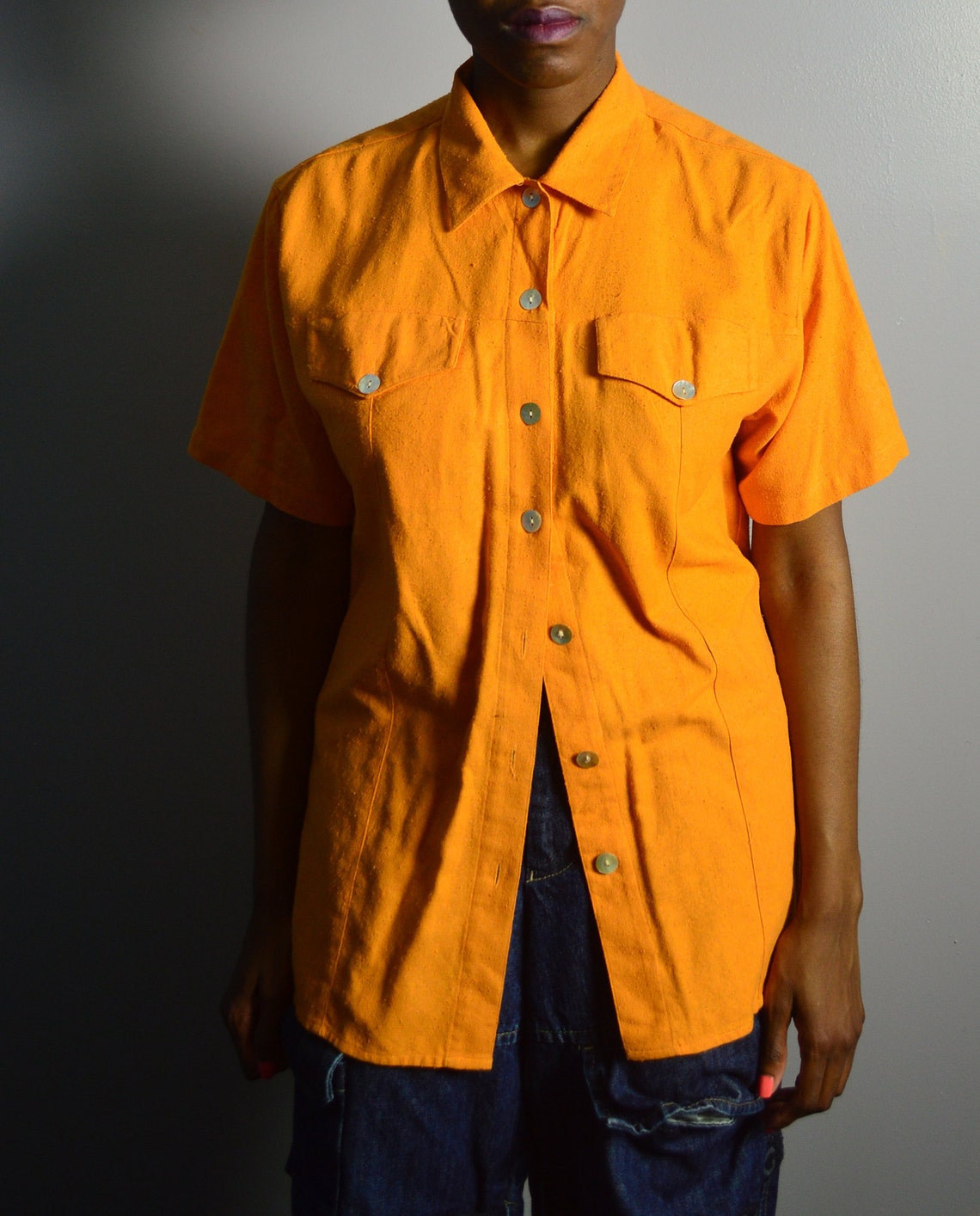 Mustard yellow vintage button down shirt with flat pearlized Etsy