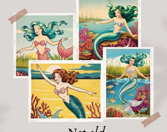 Vintage Mermaid Art Prints: Retro Coastal Bathroom Decor (Digital Download)
