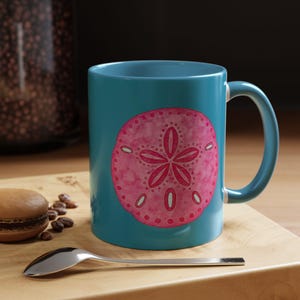 Mug, Sandollar Accent Mug, Pink and Teal Sand Dollar Coffee Cup, Coastal Mug, Beach Lover Gift, Ocean Theme Cup, Nautical Drinkware, Beach