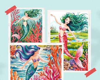 Vintage Mermaid Art Prints: Retro Coastal Bathroom Decor (Digital Download)