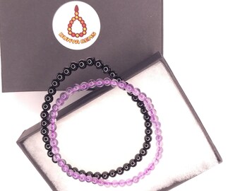 Set of 2 Genuine Gemstone 4mm Dainty Bracelets elastic cord, Black Onyx + Red Agate/ Green Agate/ Garnet/ Amethyst Christmas Gift