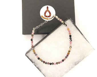 Tourmaline Gemstone Bracelet, 3.3mm Sterling Silver Skinny Bracelet, Elegant Gift 811