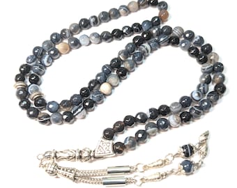 99 Faceted Black Agate Gemstone Tasbih Prayer Beads Dua 349