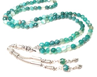99 Semiprecious Faceted Green Agate Gemstone Tasbih Prayer Beads Dua Misbaha 066