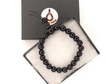Black Onyx Power Bracelet: Gemstone Mala Prayer Beads (7 inch)