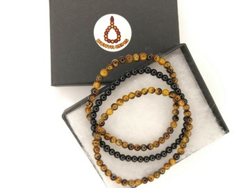 3 Elegant Genuine Gemstone 4mm Bracelet 2 Tigers Eye &1 Tourmaline Christmas Gift 888
