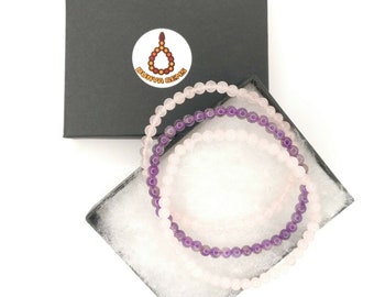 3 Elegant Genuine Gemstone 4mm Bracelet 1 Amethyst &2 Rose Quartz Valentine 393