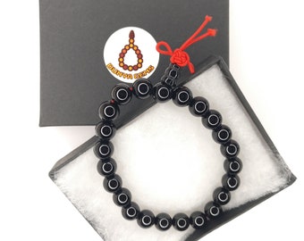 Black Agate Power Bracelet 7inch, Genuine Gemstone Mala Bracelet with elastic cord, Mala Prayer Beads Christmas Gift 730