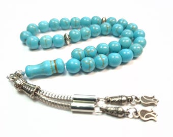Pressed Turquoise Worry Beads Gemstone Prayer Tasbih Turkuaz Feroza Tesbih (metal parts may be slightly different) 400