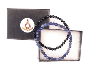 Set of 2 Genuine Gemstone 4mm Dainty Bracelets elastic 7", Black Tourmaline / Onyx + Aventurine, Sodalite, Labradorite, Chrysocolla, Lapis