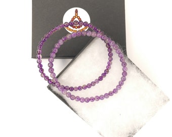 Set of 2 Genuine Gemstone 4mm Dainty Bracelets with elastic cord, Amethyst Rose Quartz Tiger Eye Black Tourmaline Garnet Christmas Gift