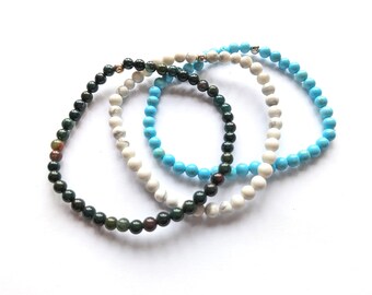 Genuine Gemstone 4mm Dainty Bracelets with elastic cord and 1 silver ball, Howlite, Turquoise (Feroza), Heliotrope  Best Small Gift