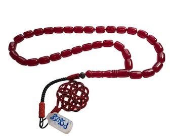 Turkish Red Tasbih with Hand-Knitted Kazaz Tassel, El Ormesi Kazaziyeli Kirmizi SIKMA Kehribar Tasbih, Tesbih, Misbaha 934