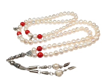 99 Pearl Prayer Beads with Colour Dyed Coral Dhikr Tasbeeh Zikir Tesbih Dua Tasbih Inci Boyali Mercan Tespih 99 Beads, Misbaha Subha 696 440