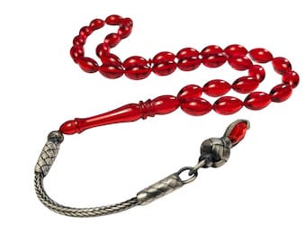 Oval Shaped  Prayer Beads with Genuine Silver Kazaz, Gumus Kazaziye ATES/SIKMA Tesbih, Amberoid Misbaha Tasbeeh