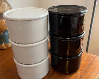 rare set of 3 BLACK Kaj Franck designed Kilta / Teema ceramic lidded storage jars / canisters for Arabia, Finland
