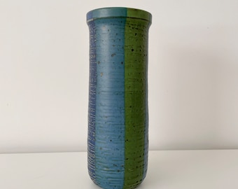 modernist ikebana vase / japan / 1960s / blue green flame glaze / David Cressey or Hal Fromhold style glaze