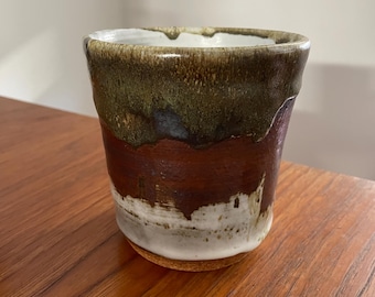 1968 Japanese brutalist studio pottery pot / vase with heavy glazes. signed Hirata / Yukio Onaga