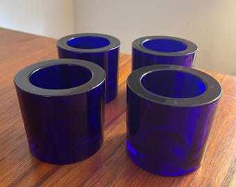 set of 4 cobalt blue 'KIVI' votive candle holders by Heikki Orvola, produced by Nuutajärvi, Finland for marimekko