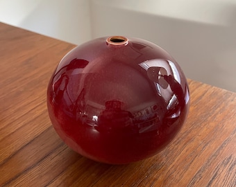 cranberry glaze, orange rimmed ceramic weed pot vase / Otto + Vivika Heino or Pillin -esque / signed