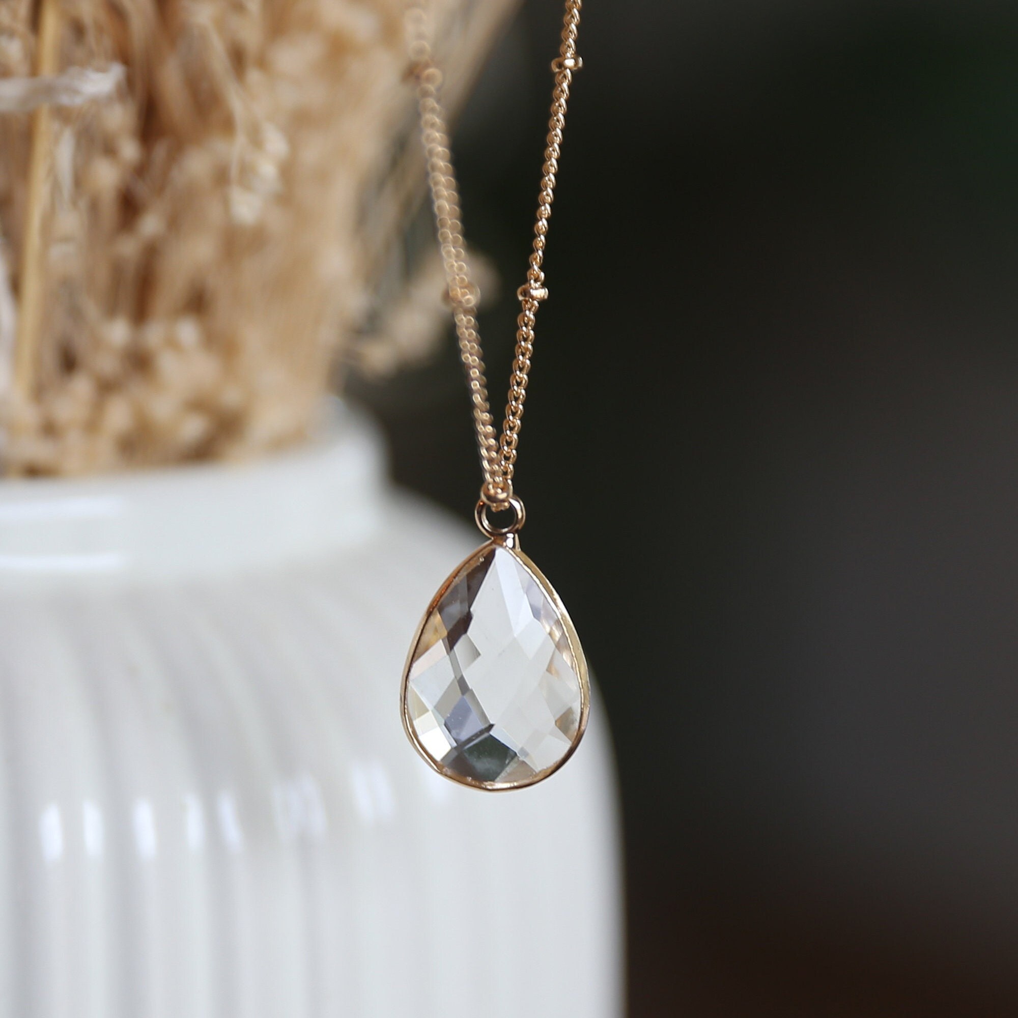 Crystal Clear Glass Teardrop Necklace