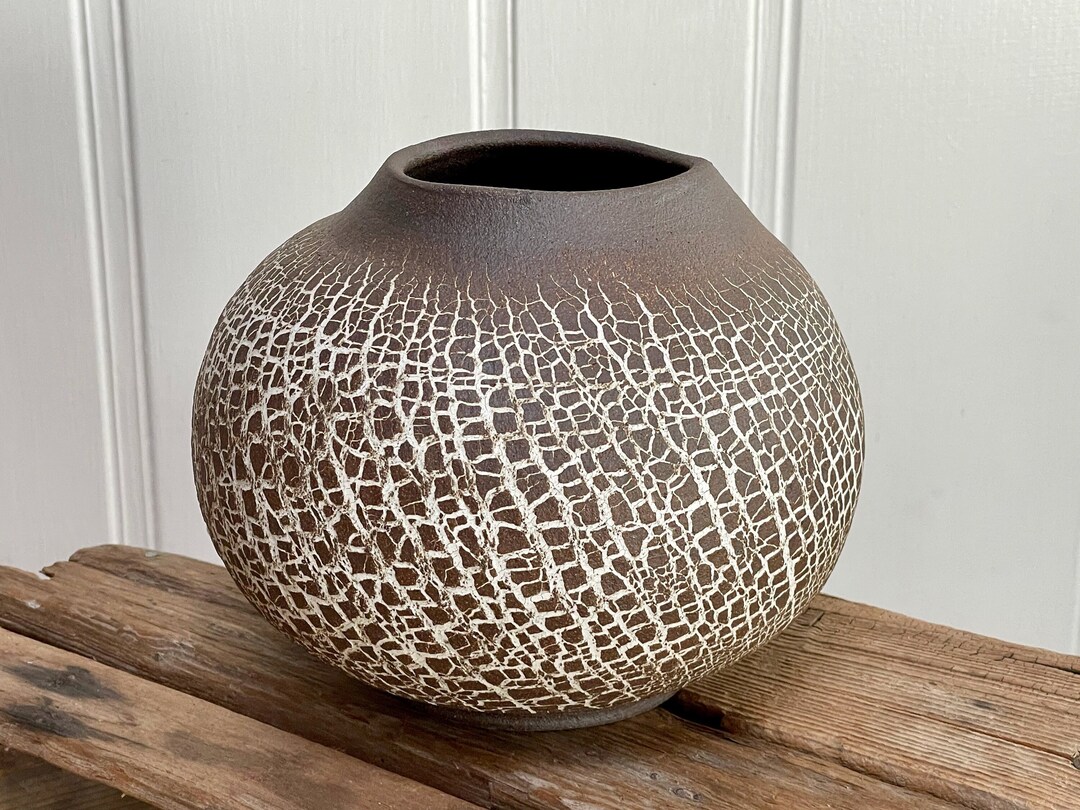 Handmade Brown and White Stoneware Round Crackle Pottery Vase - Etsy