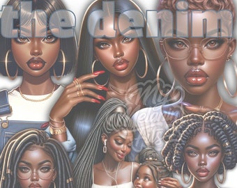 Denim Dreams Digital Art Bundle: Exclusive Black Women PNGs for Diverse Creations