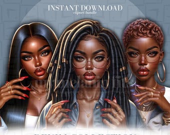 May include: Three digital illustrations of Black women with different hairstyles wearing denim jackets. The women are wearing gold jewellery and have red and purple nail polish. The text "DENIM COLLECTION 10 PNG BUNDLE" is at the bottom of the image.