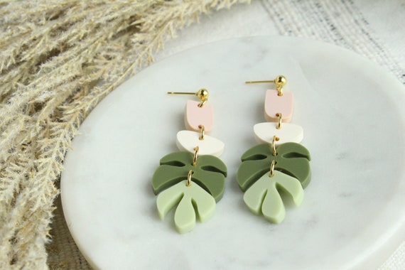 Neutral Boho Muted Neutral Monstera Leaf Acrylic Earrings Green and Blush Summer Vacation Hawaii Monstera Leaf Earrings Fun Vacation Earring