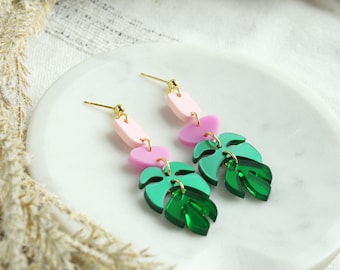 Summer Boho Monstera Leaf Acrylic Earrings Green and Pink Summer Vacation Hawaii Monstera Leaf Earrings Fun Summer Vacation Earrings