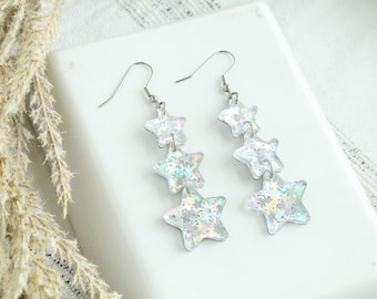 Iridescent Kawaii Star Stacked Earrings Rainbow Star Tiered Acrylic Earrings Iridescent Rounded Star Earrings Fun Summer Vibes Party Earring