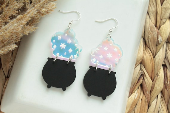Witch's Cauldron Rainbow Irridescent Acrylic Earrings Cauldron Halloween Earrings Black Cauldron Earring Magic Potion Witch's Cauldon Potion