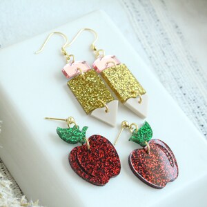 Teacher Appreciation School Themed Acrylic Earrings Red Apple Glitter Acrylic Earrings Pencil Acrylic Earring Set Pencil and Apple Set