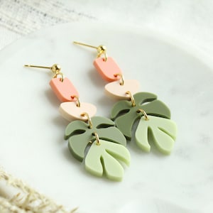 Summer Boho Monstera Leaf Acrylic Earrings Green and Coral Summer Vacation Hawaii Monstera Leaf Earrings Fun Summer Vacation Earrings