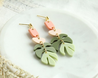 Summer Boho Monstera Leaf Acrylic Earrings Green and Coral Summer Vacation Hawaii Monstera Leaf Earrings Fun Summer Vacation Earrings