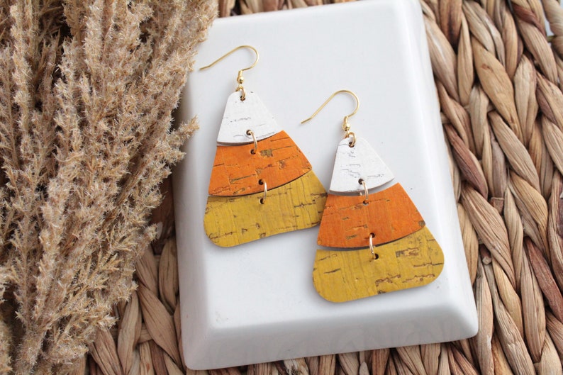 Candy Corn Leather Earrings Halloween Leather Earrings image 1
