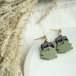 May include: A pair of Halloween-themed earrings featuring a Frankenstein's monster design. The earrings are green with black hair and gold-colored ear wires. They are displayed on a white plate with dried plants in the background.