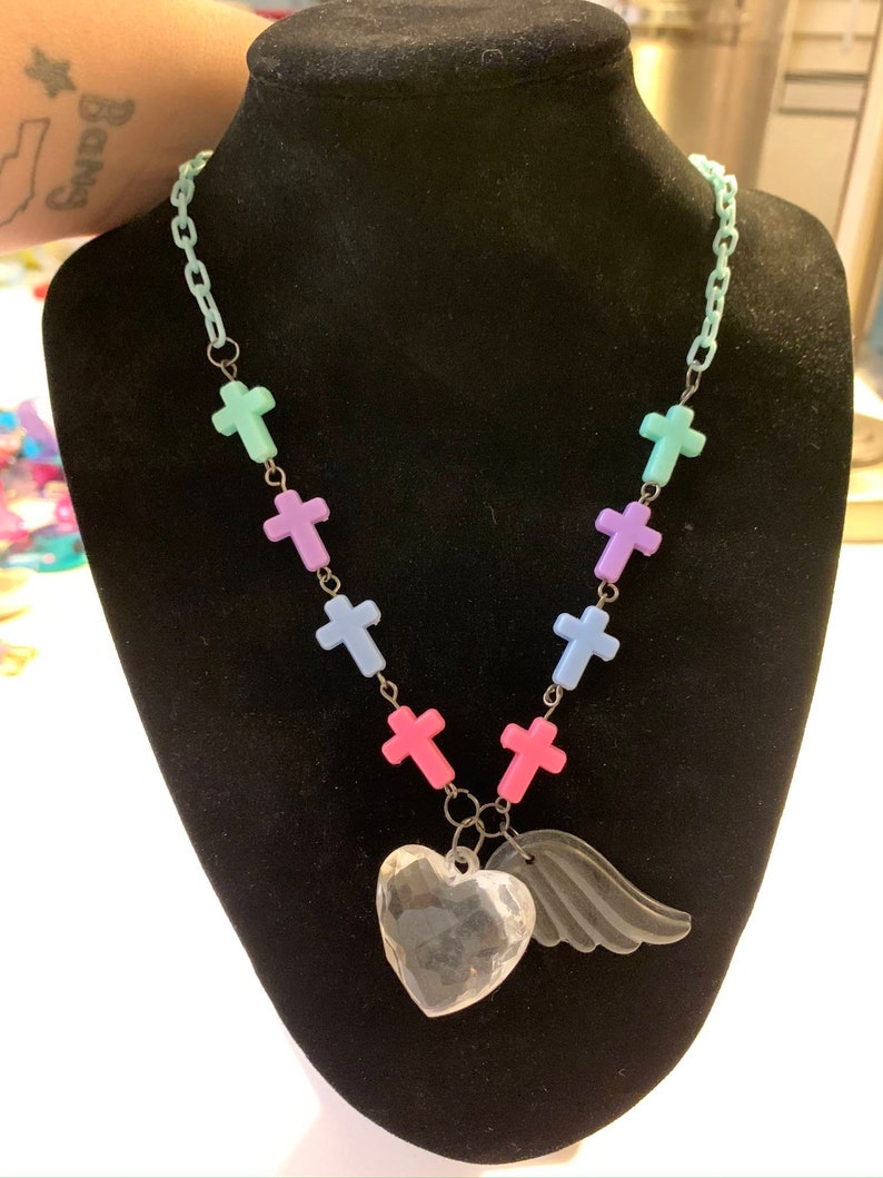 Crystal Heart and Pastel Crosses Necklace