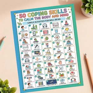 以下が含まれることがあります： 「50 Coping Skills to Calm the Body and Mind」というタイトルの長方形のポスター。50個の番号付きの正方形のグリッドが特徴です。各正方形には、深呼吸、読書、ヨガなど、健康のための簡単なアクティビティを説明するカラフルなイラストとテキストが含まれています。