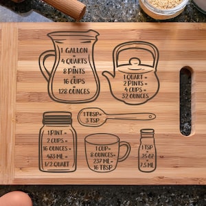 May include: A wooden chopping board with engraved measurements for different liquid volumes, including gallons, quarts, pints, cups, ounces, tablespoons, and teaspoons. The board has a handle on the side.