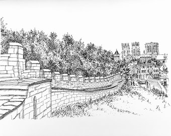 May include: A black and white ink drawing of a stone wall with a path leading up to a city skyline. The city skyline features a large cathedral with two towers.