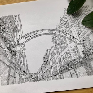 Carnaby Street, London, Carnaby, Soho, West End, landmark, hand drawn image, pen and ink print, artwork, architecture, tourist, shopping