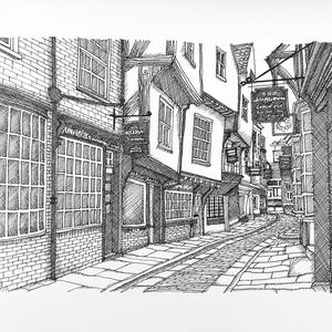 The Shambles, York, hand drawn illustration, pen and ink drawing, original