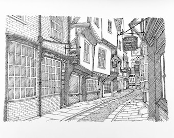May include: A black and white ink drawing of a narrow, cobblestone street in a historic city. The street is lined with old buildings, some with signs hanging above the doorways. The signs read "The Old Shambles" and "The Minster Inn".