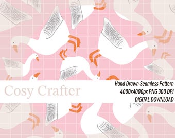 May include: A seamless pattern featuring white geese with orange feet and beaks on a pink background. The pattern is tiled and repeats. The text "Cosy Crafter" appears at the bottom of the image. Hand Drawn Seamless Pattern 4000x4000px PNG 300 DPI DIGITAL DOWNLOAD