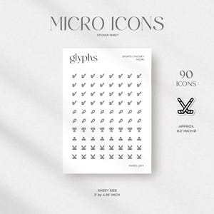 May include: A white sticker sheet with the text "MICRO ICONS" and "glyphs". The sheet contains 90 small black icons of hockey sticks, trophies, and other sports-related symbols. Sheet size is 7.62 cm by 12.57 cm.