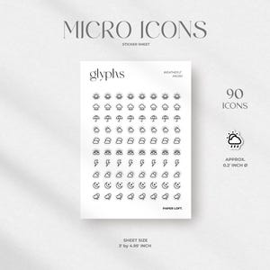 May include: A white sticker sheet featuring 90 micro weather icons. The sheet includes sun, rain, umbrella, cloud, lightning, and moon icons. The sheet size is 7.6 x 12.6 cm.