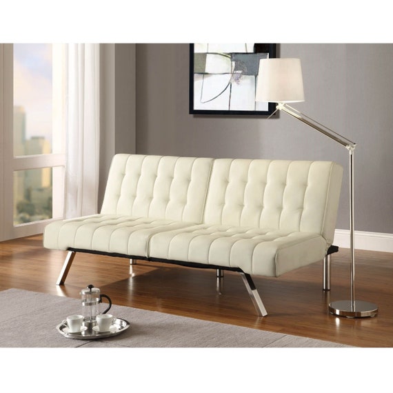 Split Back Modern Contemporary Futon Style Sleeper Sofa Bed In Vanilla White Faux Leather